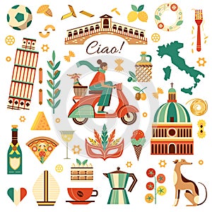 Italy Travel Design Elements Set in Retro Style