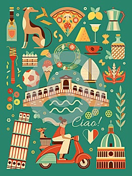 Italy Travel Poster with Italian Culture Symbols