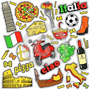 Italy Travel Scrapbook Stickers, Patches, Badges for Prints with Pizza, Venetian Mask, Architecture and Italian Elements