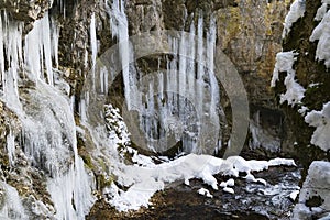 Winter ice on the walls of the ravine of Lake Smeraldo in Fondo photo