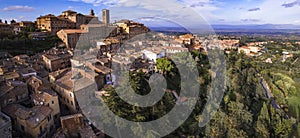 Italy. Tuscany, aerial panoramic view of old town Monetpulciano