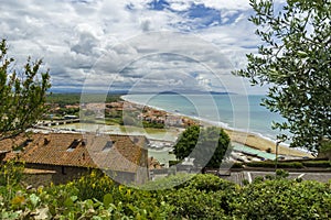 Italy, Tuscany, Castiglione della Pescaia, Maremma Tuscany, Panoramic view of the coast, beach and sea, from the castle