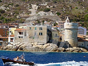 Italy, Tuscany, Giglio Island, harbor entrance from the sea