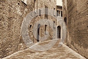 Italy. Tuscany region. Montepulciano town. In Sepia toned. Retro