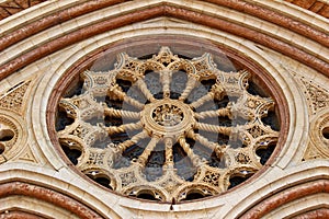Italy, Umbria: Detail of the Rose window of Saint Francesco Basilica.