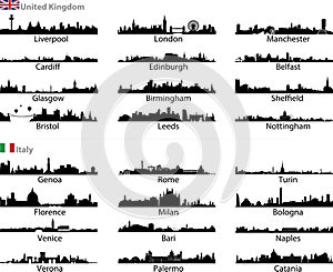 Italy and United Kingdom cities skylines vector set