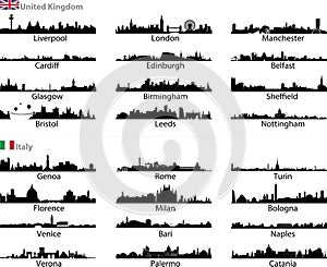 Italy and United Kingdom cities skylines vector set photo