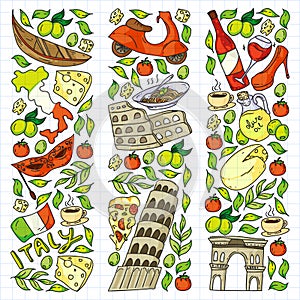 Italy vector elements and icons. Doodle pattern with italian culture, cities Roma, Venice, Milan, cheese, wine.