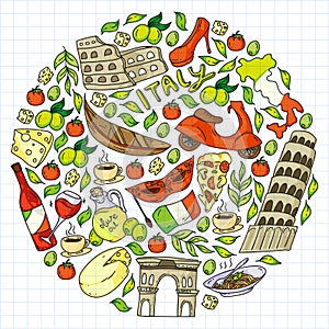 Italy vector elements and icons. Doodle pattern with italian culture, cities Roma, Venice, Milan, cheese, wine.