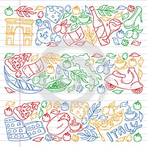 Italy vector elements and icons. Doodle pattern with italian culture, cities Roma, Venice, Milan, cheese, wine.