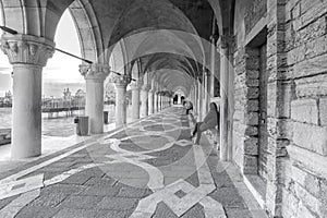 Italy, Venice. Colonnade of the Doge`s Palace in Venice