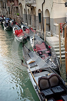 Italy, Venice, Gondola, HIGH ANGLE VIEW OF BOATS MOORED IN CANAL