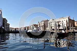 Italy, Venice. Gondolas on the Grand Canal. Venetian Gothic.