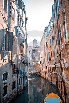 Italy, Venice. Grand canal for gondola in travel europe city. Old italian architecture with landmark bridge, romantic boat.