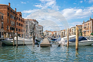 Italy, Venice. Grand canal for gondola in travel europe city. Old italian architecture with landmark bridge, romantic boat.