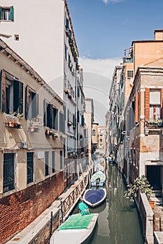 Italy, Venice. Grand canal for gondola in travel europe city. Old italian architecture with landmark bridge, romantic boat.