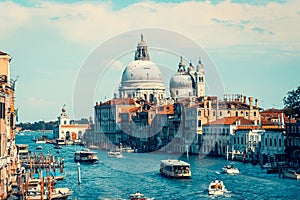 Italy, Venice. Grand canal for gondola in travel europe city. Old italian architecture with landmark bridge, romantic boat.