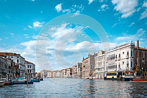 Italy, Venice. Grand canal for gondola in travel europe city. Old italian architecture with landmark bridge, romantic boat.