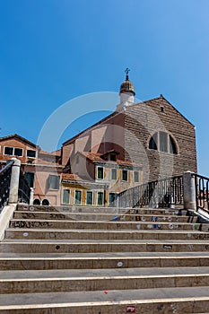 Italy, Venice, San Pantalon, LOW ANGLE VIEW OF OLD BUILDING AGAINST CLEAR BLUE SKY photo