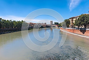 Italy.Verona.View of the Adige river.The Scaliger Bridge and Castelvecchio Castle are visible in the distance.