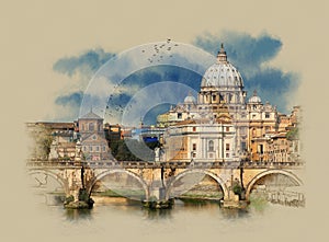 Italy, view of panorama Vatican City from Ponte Umberto I in Rome, watercolor sketch,