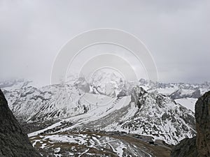 Italy, view from Piz Boe to panorama of the Ladin Dolomites.