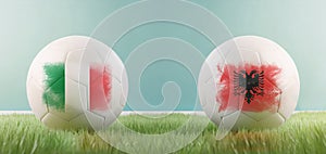 Italy vs Albania football match infographic template for Euro 2024 matchday scoreline announcement. Two soccer balls with country