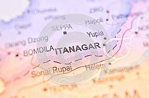 Itanagar on a map of India with blur effect