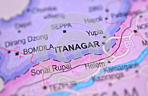 Itanagar on a map of India with blur effect