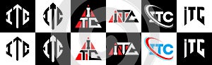 ITC letter logo design in six style. ITC polygon, circle, triangle, hexagon, flat and simple style with black and white color