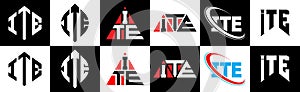 ITE letter logo design in six style. ITE polygon, circle, triangle, hexagon, flat and simple style with black and white color photo