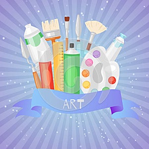 Items for art blue background, set brushes artist, exciting hobby for creating artwork, design, cartoon style vector