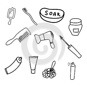 Items for beauty and health in Doodle style.Black and white image.Hair dryer, soap, toothbrush, mirror, comb, mascara, washcloth,