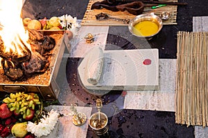 Items for the Indian Yajna ritual. Indian Vedic fire ceremony called Pooja. A ritual rite, for many religious and