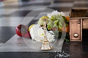 Items for the Indian Yajna ritual. Indian Vedic fire ceremony called Pooja. A ritual rite, for many religious and cultural