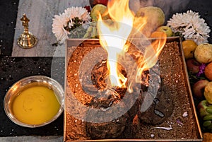 Items for the Indian Yajna ritual. Indian Vedic fire ceremony called Pooja. A ritual rite, for many religious and cultural