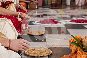 Items for the Indian Yajna ritual. Indian Vedic fire ceremony called Pooja. A ritual rite, for many religious and cultural