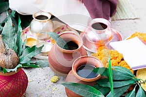 Items for the Indian Yajna ritual. Indian Vedic fire ceremony called Pooja. A ritual rite, for many religious and cultural