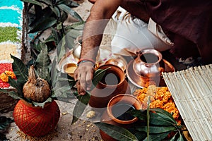 Items for the Indian Yajna ritual. Indian Vedic fire ceremony called Pooja. A ritual rite, for many religious and cultural