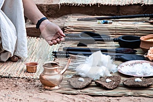 Items for the Indian Yajna ritual. Indian Vedic fire ceremony called Pooja. A ritual rite, for many religious and cultural