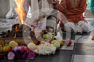 Items for the Indian Yajna ritual. Indian Vedic fire ceremony called Pooja. A ritual rite, for many religious and cultural