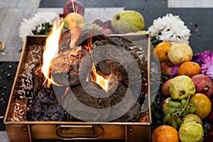 Items for the Indian Yajna ritual. Indian Vedic fire ceremony called Pooja. A ritual rite, for many religious and cultural