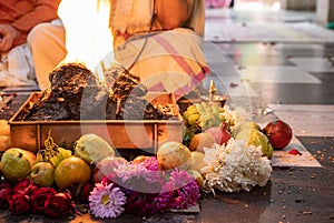 Items for the Indian Yajna ritual. Indian Vedic fire ceremony called Pooja. A ritual rite, for many religious and cultural