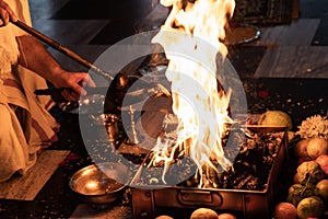 Items for the Indian Yajna ritual. Indian Vedic fire ceremony called Pooja. A ritual rite, for many religious and cultural