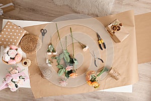Items for making handmade soap flowers on the table top view