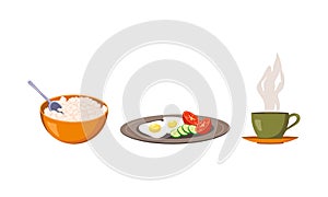 Items of morning routine. Plate with scrambled eggs, tomato and cucumber, bowl with porridge or cottage cheese, cup of