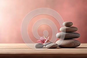 Items for spa treatments and massage, smooth stones, candles, soft light, background with space for text, relaxation and
