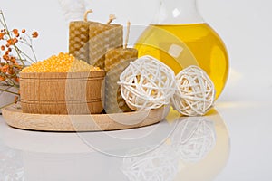 Items for taking spa treatments and relaxation, massage oil, aroma candles, bath salt, close-up