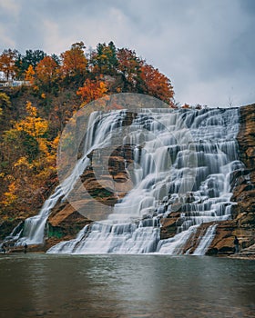 Ithaca Falls with autumn color, in Ithaca, New York