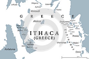 Ithaca, an island and regional unit in Greece, gray political map